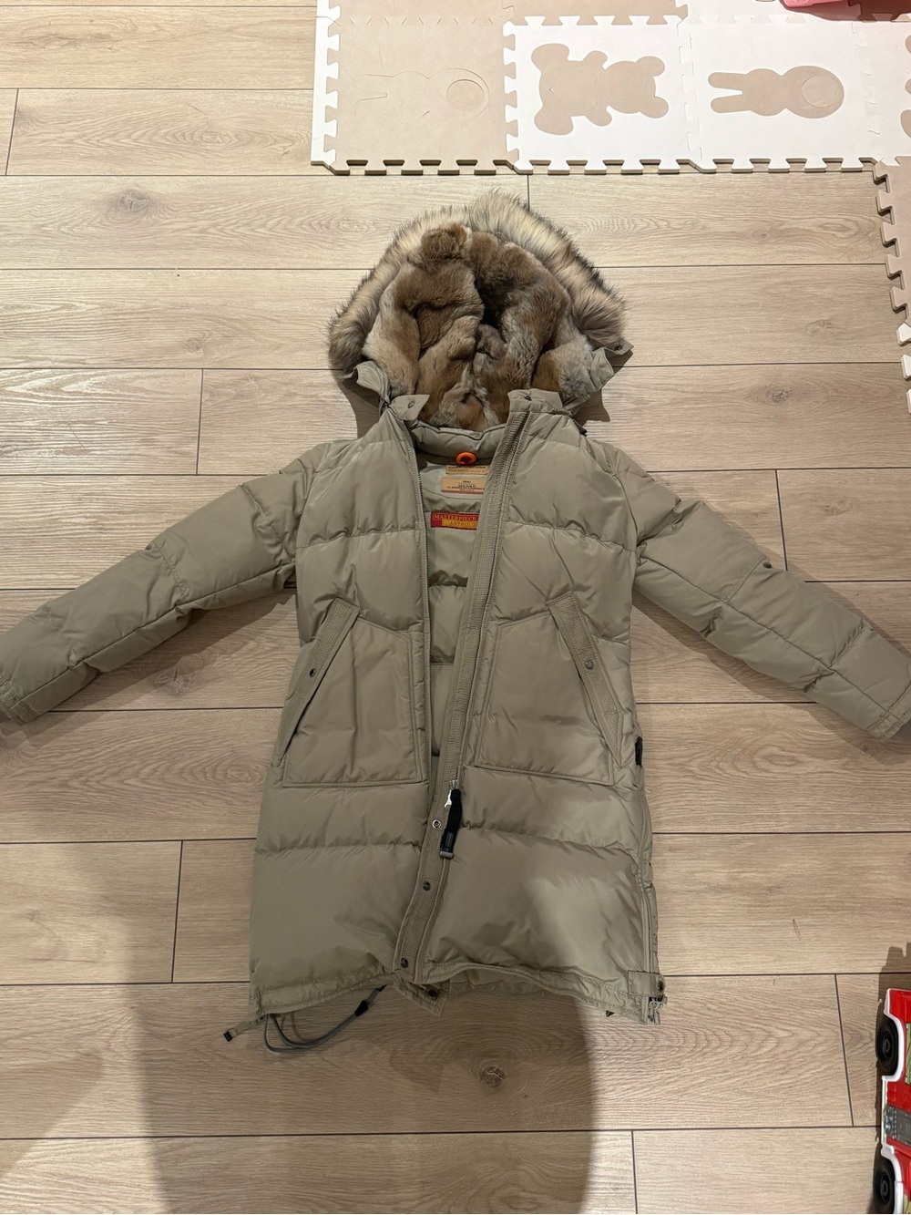 Parajumpers Women's Hooded Long Puffer Coat in Taupe with Fur Trim